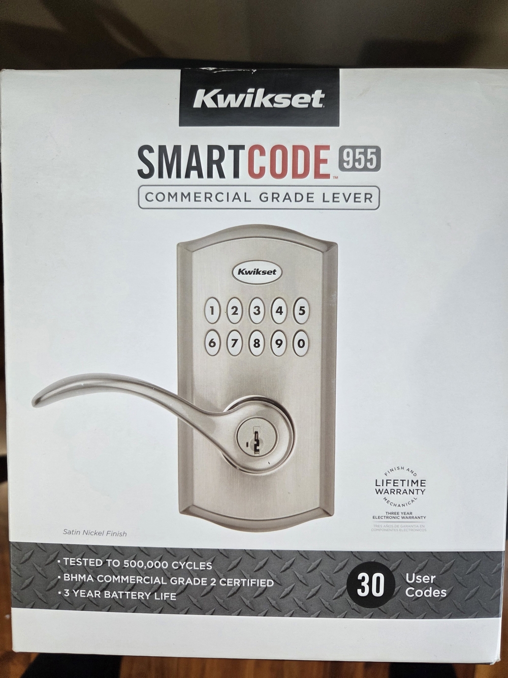 Kwikset SmartCode 955 Satin Nickel Keyless Lever - Commercial Grade